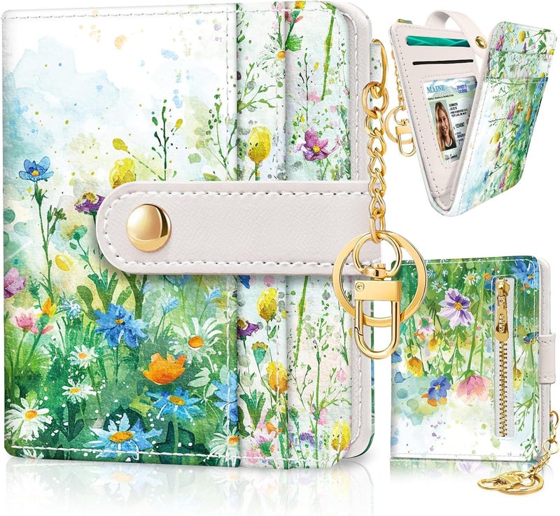 Jogjam Floral Green Rfid Ladies Wallet, Small Slim Thin Compact Credit Card Women Wallet, Spring Flowers PU Leather Bifold Cash Zipper Coin Pocket ID Window for Female - Image 1